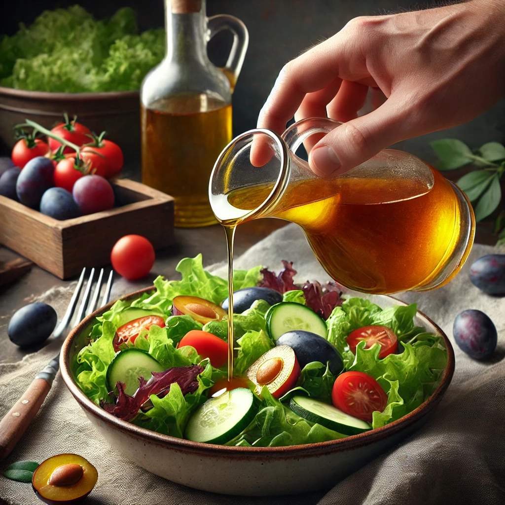 DALL·E-2024-10-10-16.31.57-A-realistic-photograph-of-a-hand-pouring-a-maesil-plum-olive-oil-dressing-over-a-fresh-salad.jpg